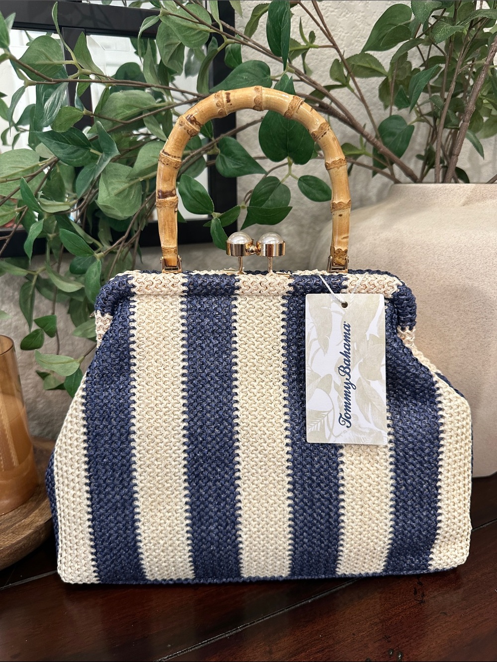 Tommy Bahama Navy and Cream Bamboo-Handle Striped Satchel